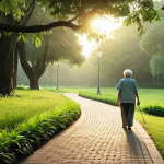 **

A serene park scene at dawn. An elderly person is walking leisurely on a path, surrounded by lush greenery. Capture the feeling of tranquility and fresh air. Focus on the health benefits of walking.

**