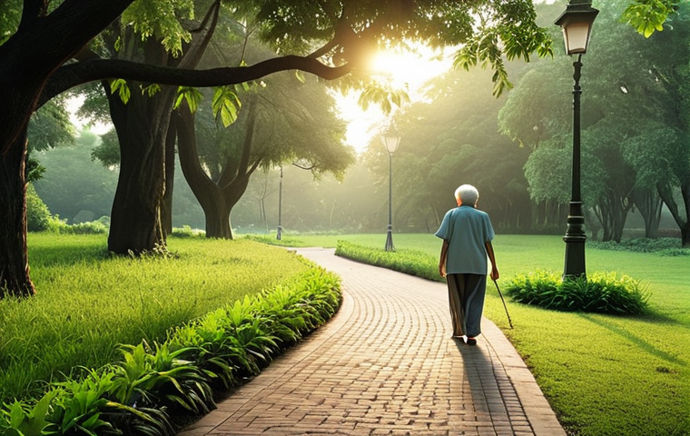 **
A serene park scene at dawn. An elderly person is walking leisurely on a path, surrounded by lush greenery. Capture the feeling of tranquility and fresh air. Focus on the health benefits of walking.
**